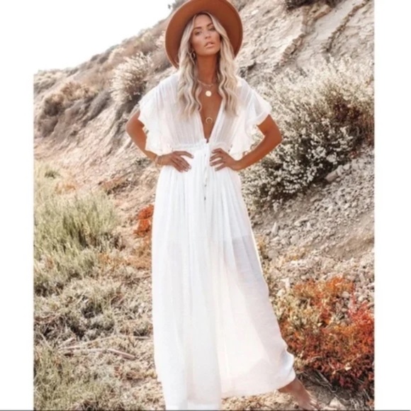 SOLD OUT White Boho Gauze Semi Sheer Button Maxi Casual Vacation Dress - Picture 4 of 7